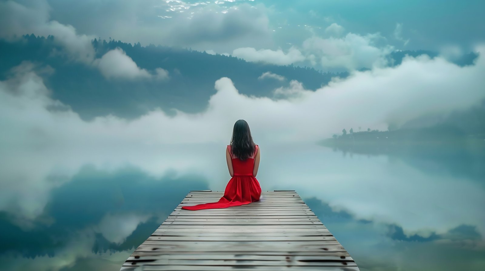self-reflection-magical-world-fantasy-one-woman-sits-wooden-pier-cloudy-generative-ai self-reflection-magical-world-fantasy-one-woman-sits-wooden-pier-cloudy-generative-ai