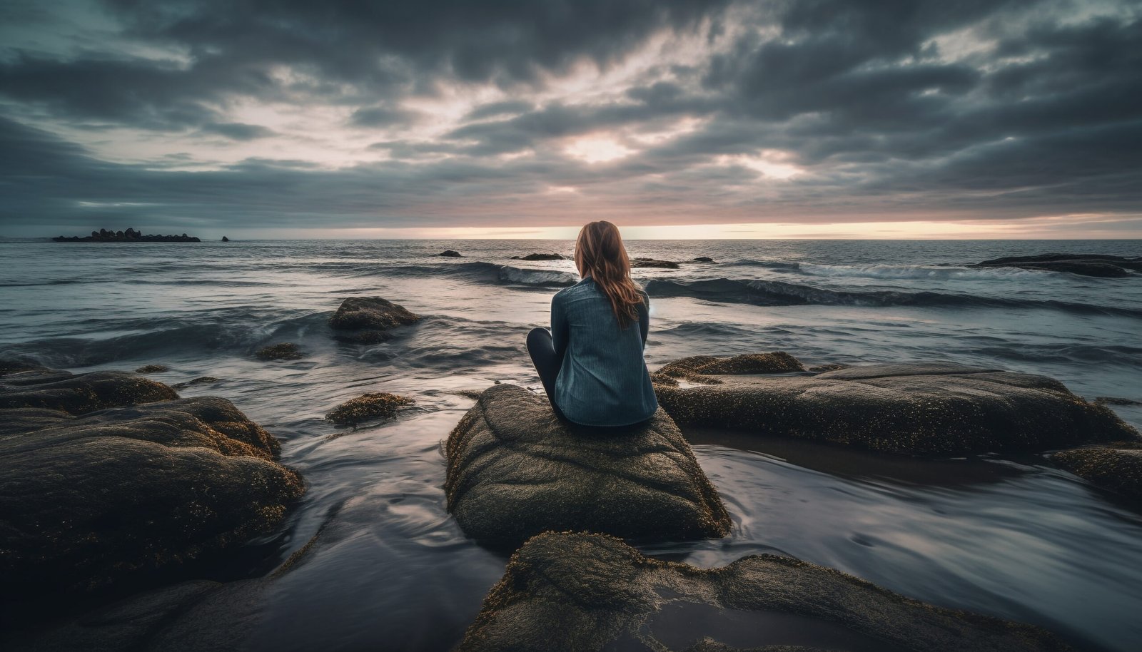 Young woman meditates by serene coastline at dusk generated by AI Young woman meditates by serene coastline at dusk generated by artificial intelligence